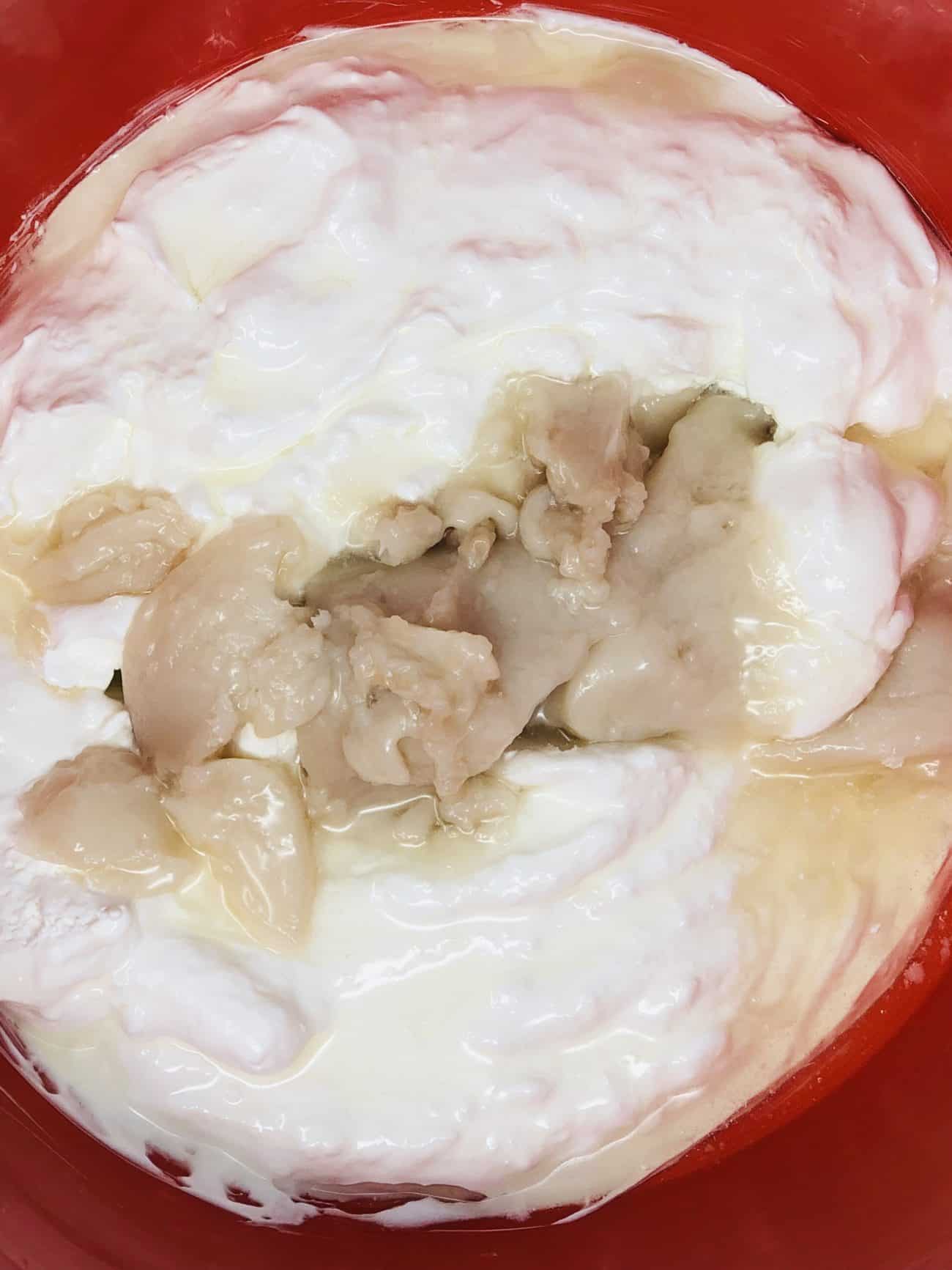 mixing cocolopezinto coconut dip